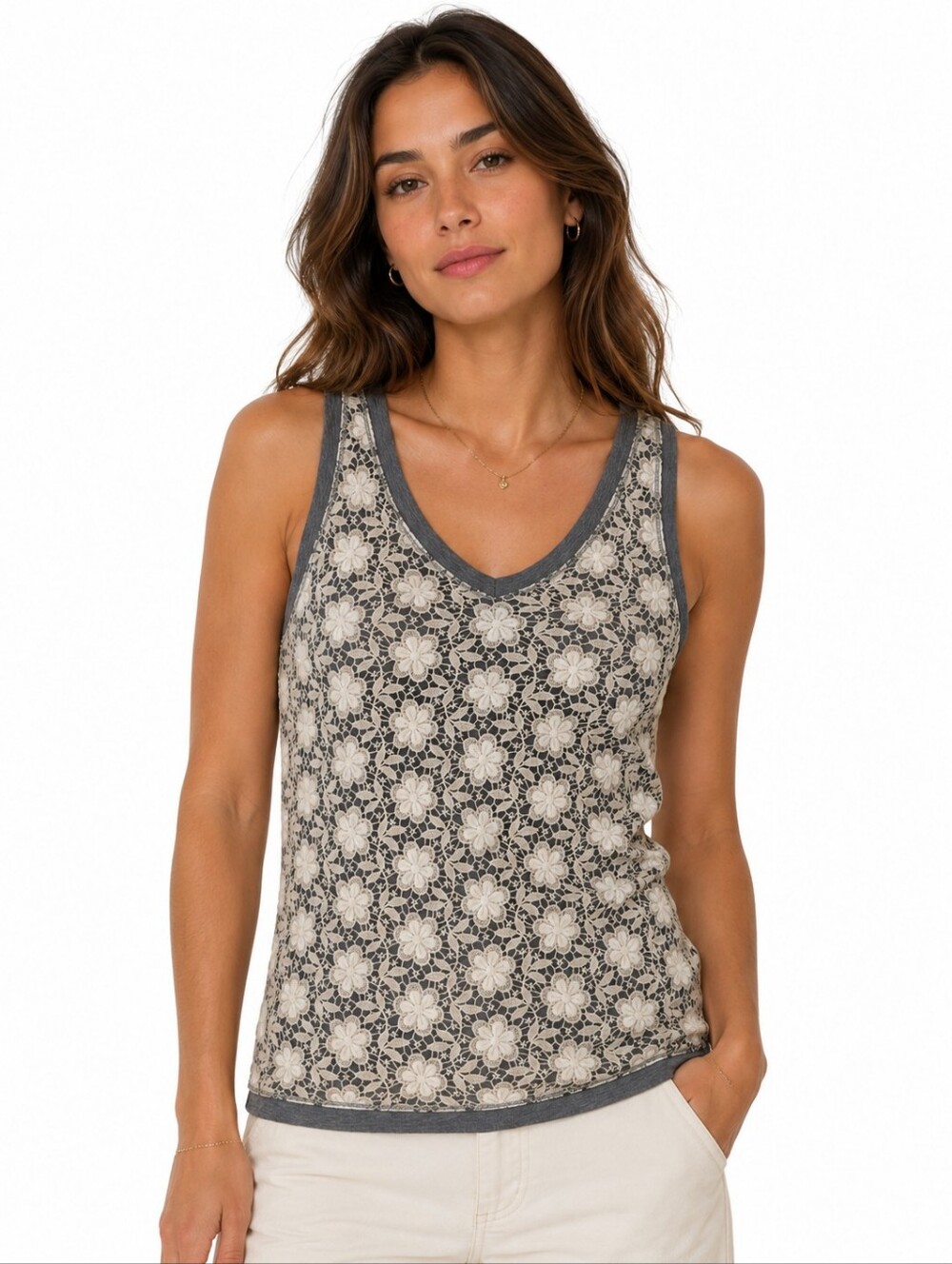 J.Crew Floral Lace Overlay Tank Top Grey White Modal Blend Size XS
